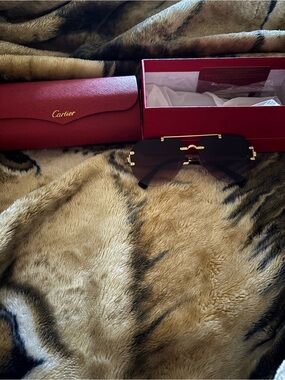 Cartier Gold-Trim Brown Lens Sunglasses with Red Case